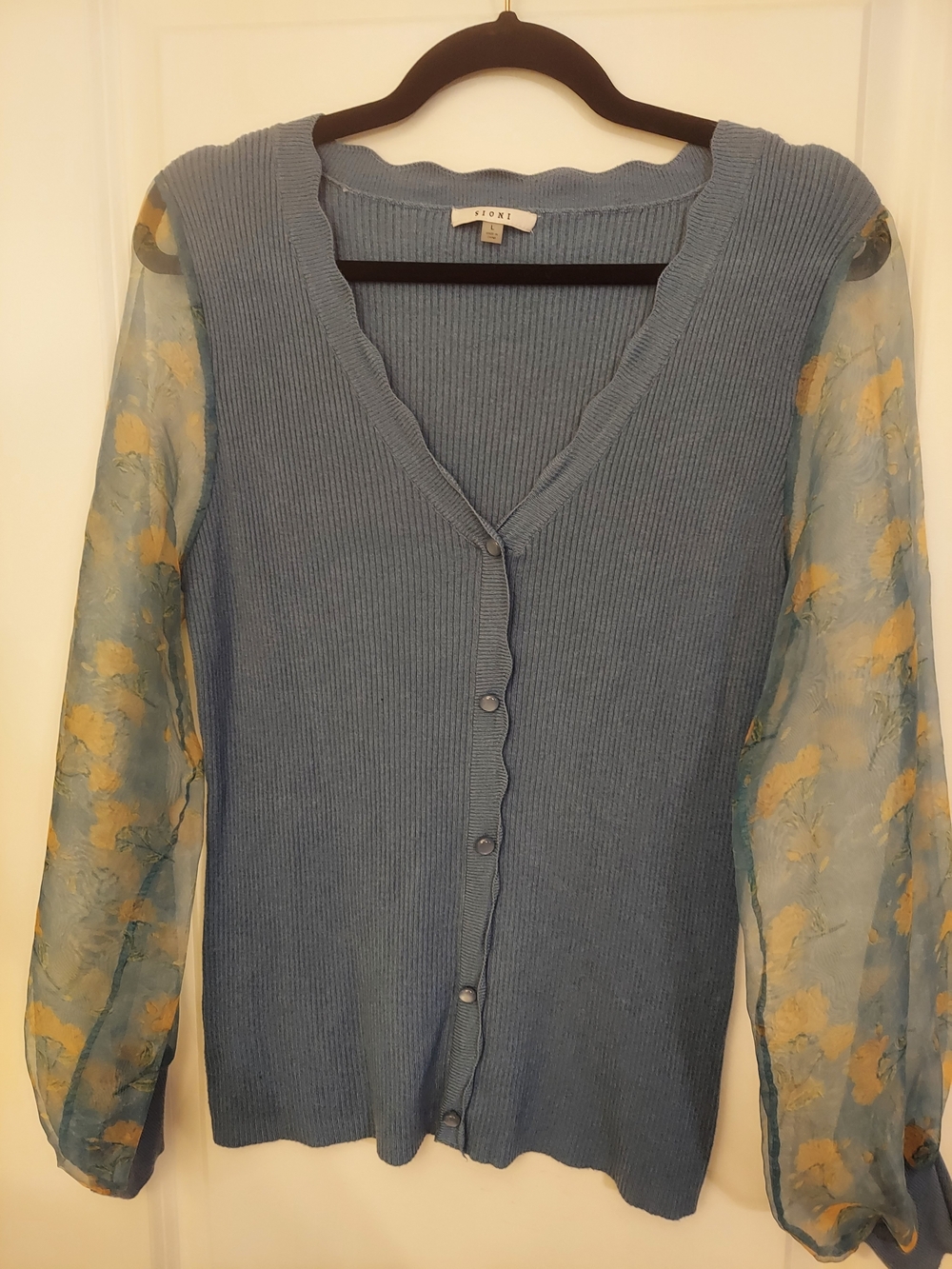 Sioni Heather Blue Ribbed Cardigan with Sheer Floral Yellow-Accented Sleeves
